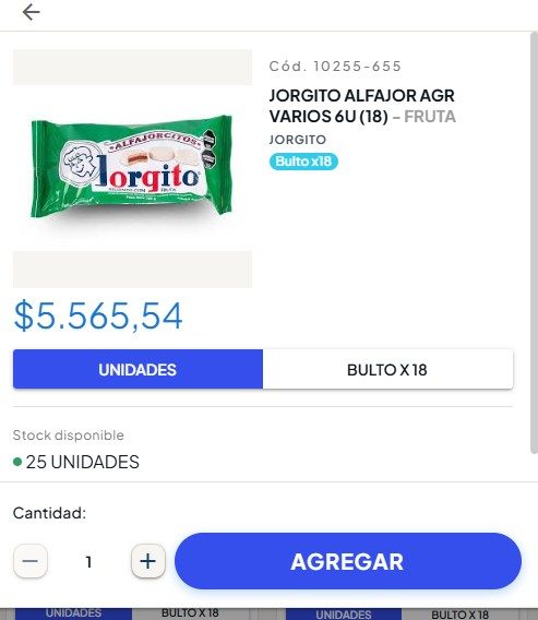 Detalle de producto en el catálogo, con precio, stock y selector de cantidad